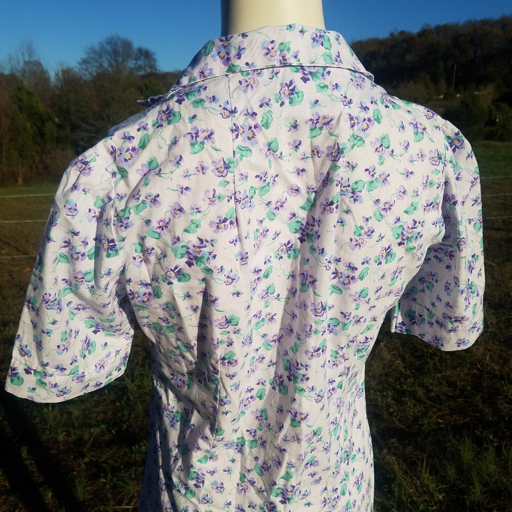 VTG Cute Purple Floral Cotton Shift Dress Button S - Picture 9 of 10